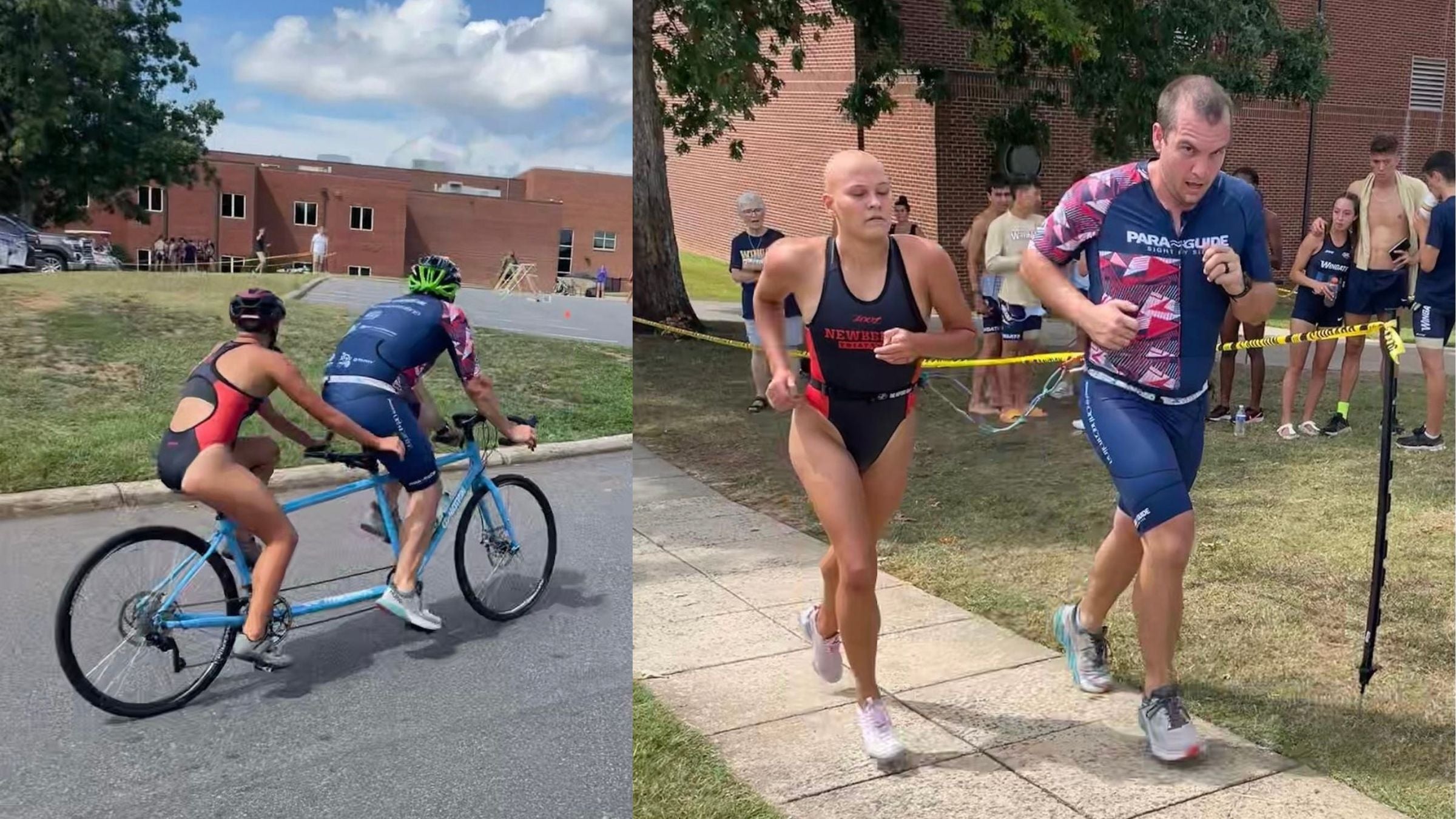 Maggie Peters, a triathlete with a visual impairment, races a triathlon with a guide using a tandem bike and a tether on the run.