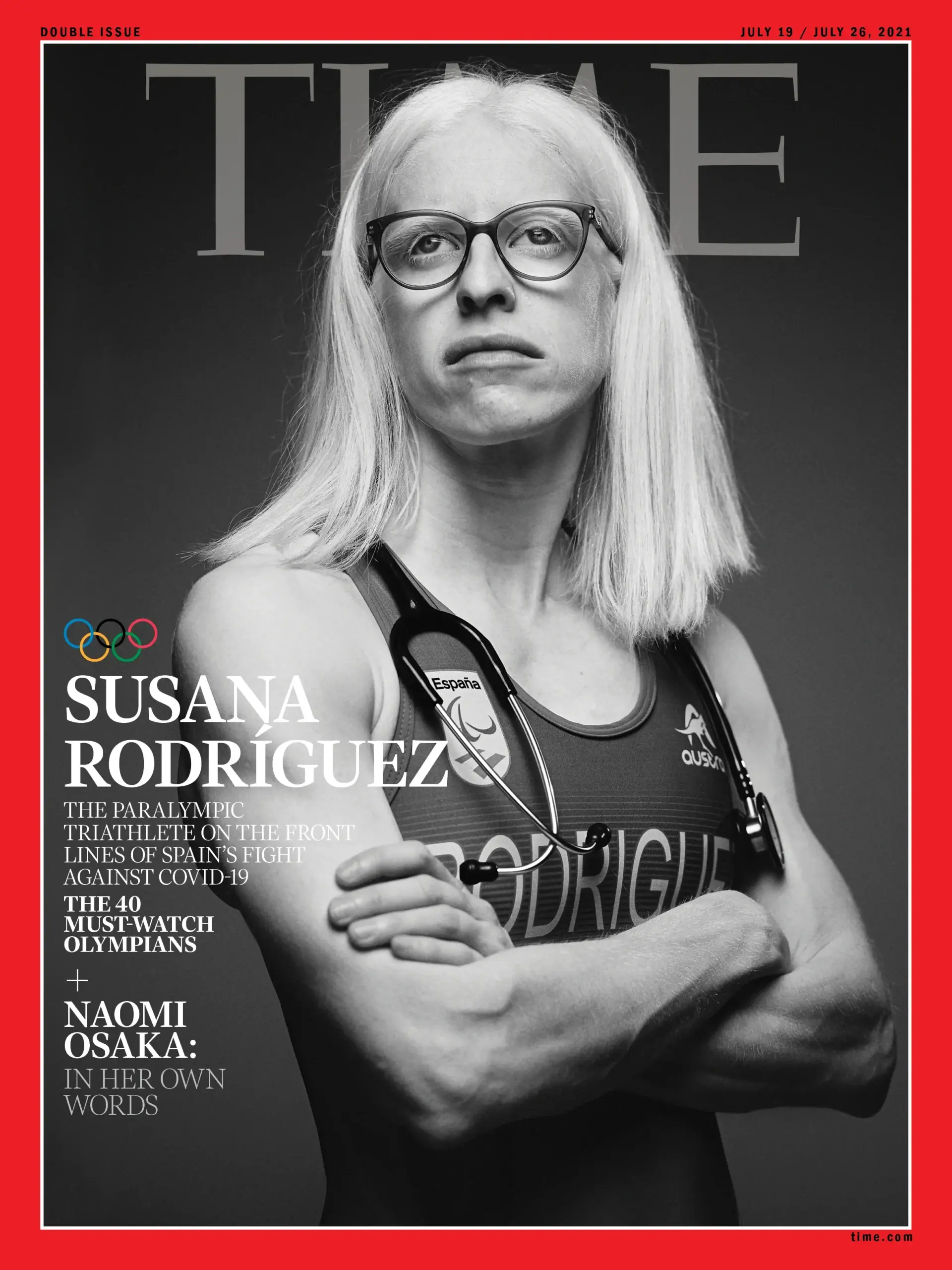 Susana Rodriguez, wearing glasses and a triathlon suit with a stethoscope draped around her shoulders, poses with her arms crossed on the cover of Time Magazine. 