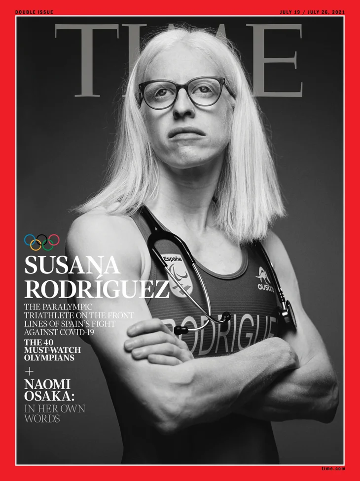 Susana Rodriguez, wearing glasses and a triathlon suit with a stethoscope draped around her shoulders, poses with her arms crossed on the cover of Time Magazine.