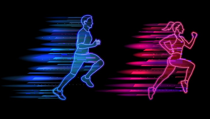 Triathlon esport competitors run in a virtual video game.