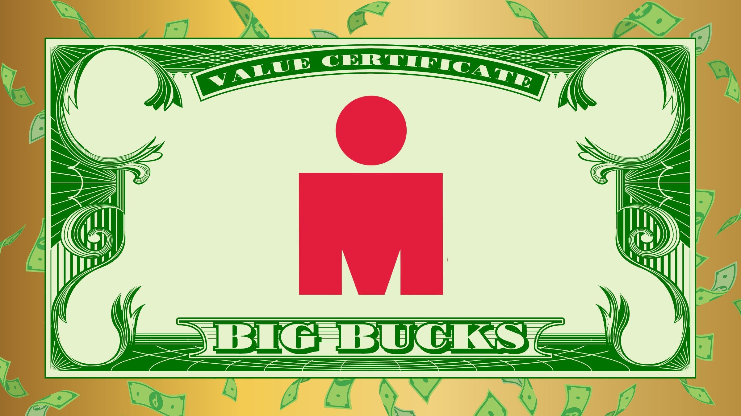 A dollar bill depicting who owns Ironman triathlon