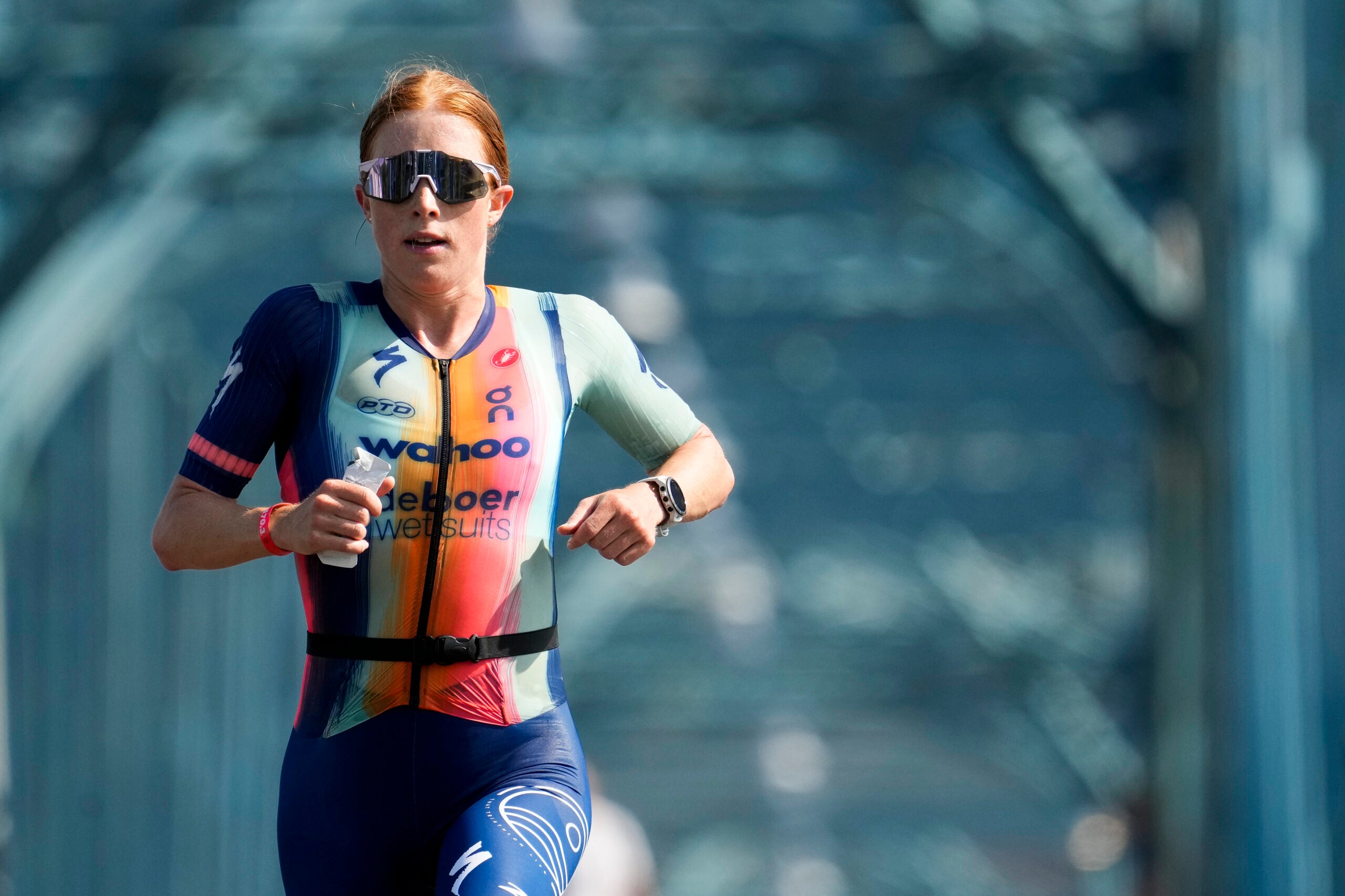 Paula Findlay of Canada leads the Women's Professional race on the run course during IRONMAN 70.3 Chattanooga on May 21, 2023 in Chattanooga, Tennessee.