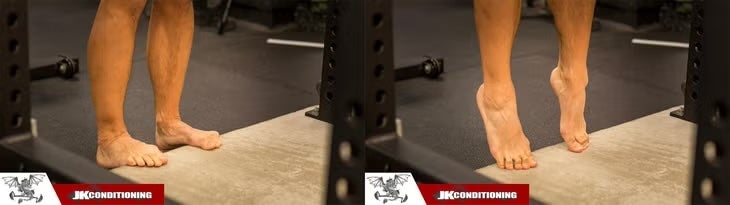 Demonstration of a calf raise to toe press.
