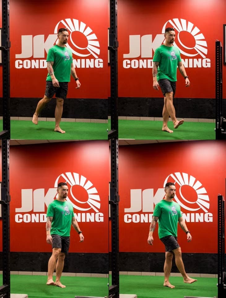 Demonstration of how to complete a leg swing exercise.