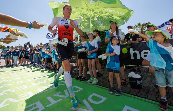 Daniela Ryf leaves T2 en route to her record-breaking win at Challenge Roth 2023.