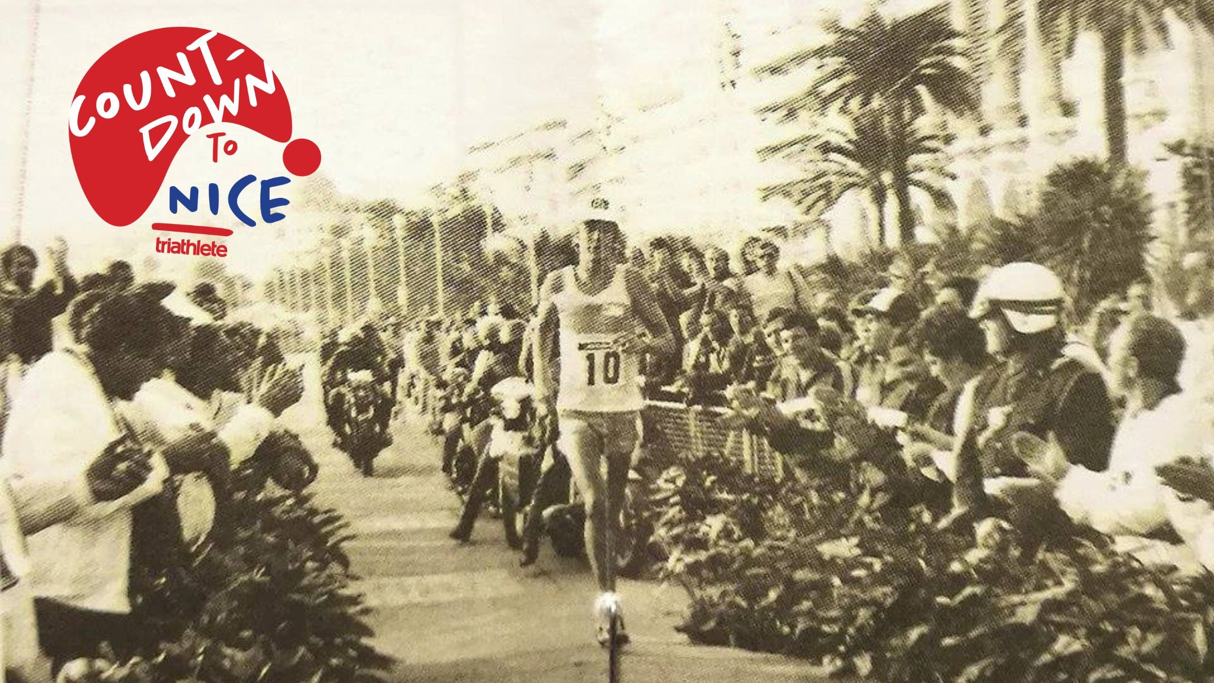 Mark Allen is surrounded by a spectacle as he races the inaugural Nice International Triathlon in 1982.