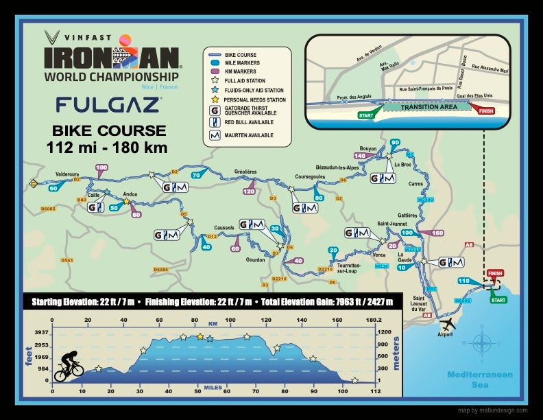 A map of the Ironman World Championship bike course in Nice