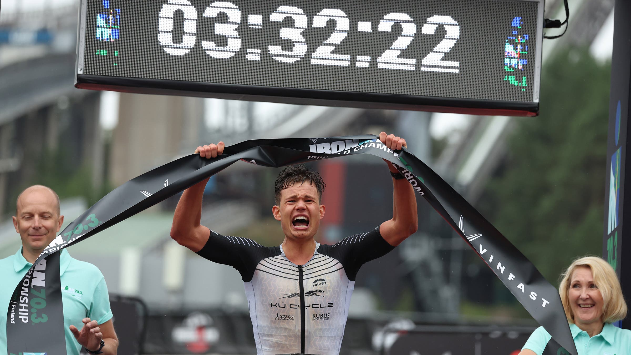 German Rico Bogen celebrates winning the 2023 Ironman World Championship.