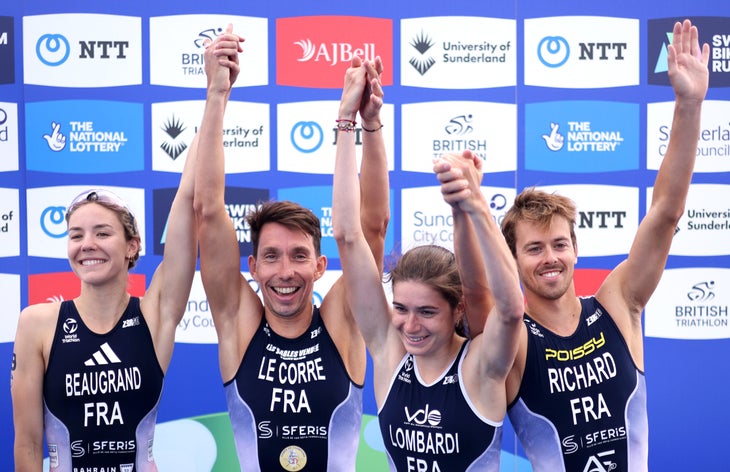 French pro triathletes celebrate their mixed relay triathlon win