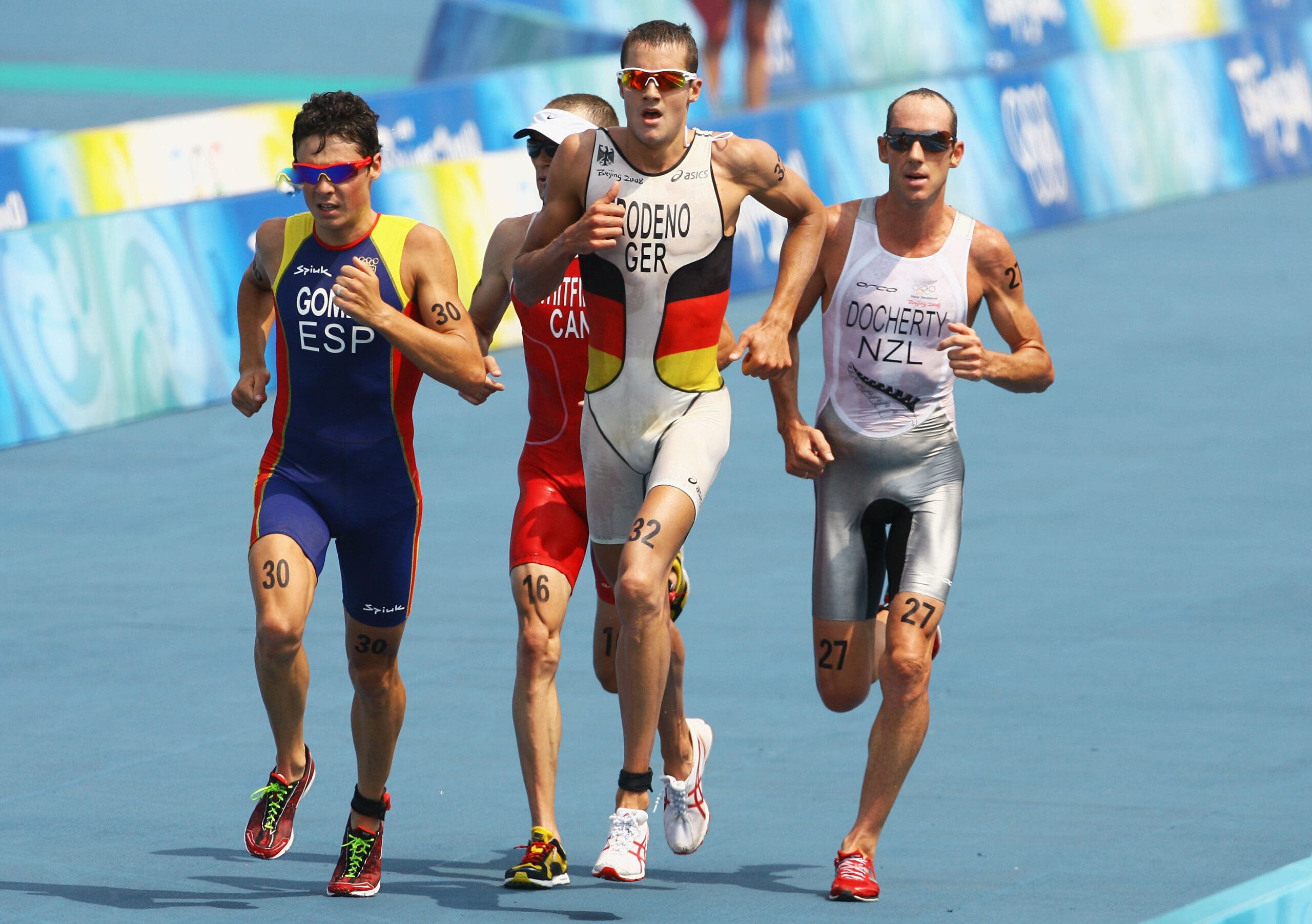 Frodeno's gold medal win at the 2008 Summer Olympics was unexpected: the 2000 Olympic champion Simon Whitfield and 2008 World Triathlon Champion were heavy favorites to win. Frodeno beat Whitfield in a sprint finish, and Gomez finished in fourth place.