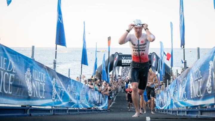 Matthew Marquardt (USA) leads the pro men out of the water at the 2023 Ironman World Championship in Nice, France (Results)