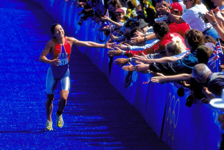 United States triathlete Joanna Zeiger approaches the finish line at the 2000 Olympics, where she finished in fourth place.