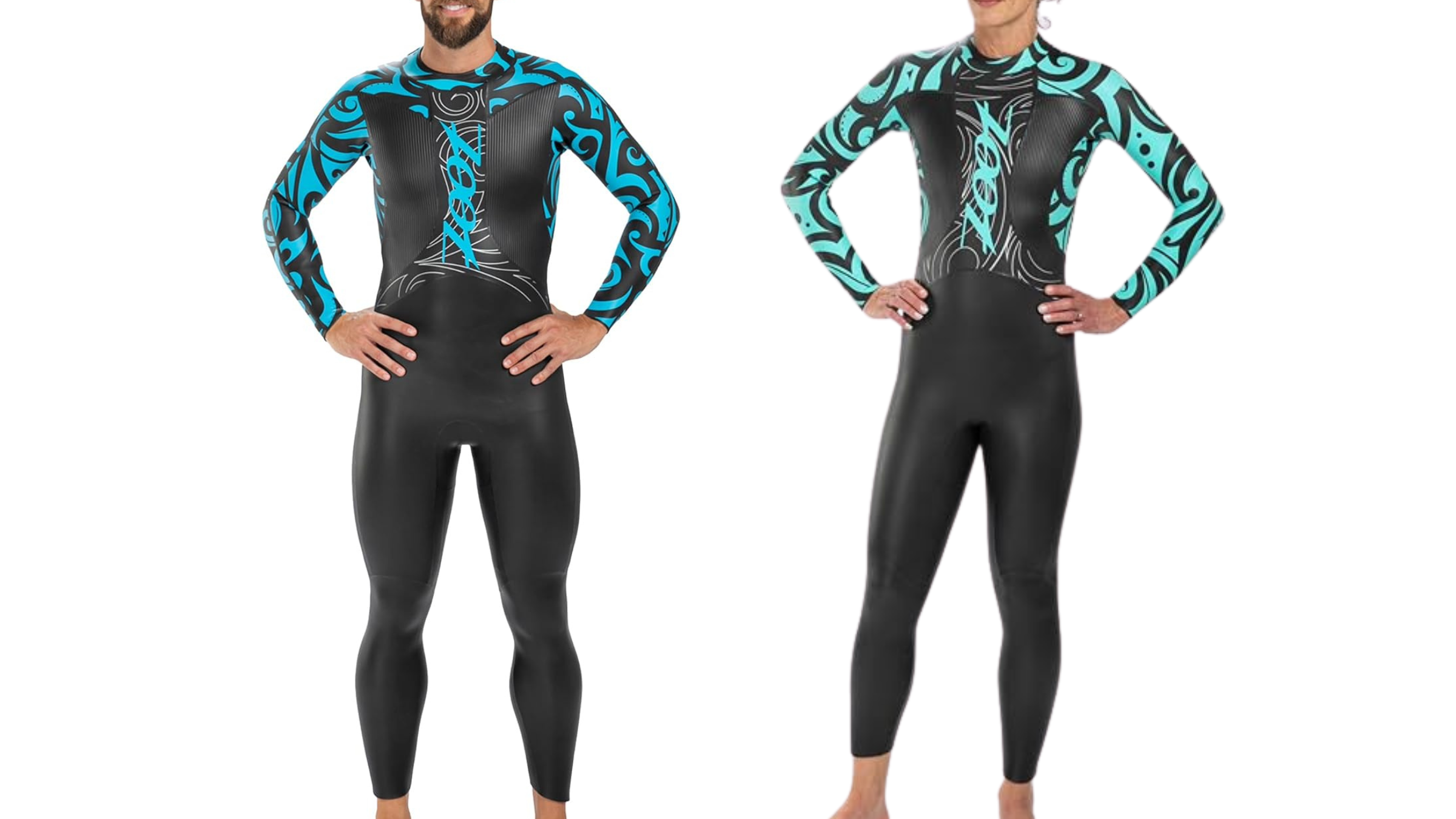 Man and woman wearing blue and black wetsuits on a white background, on sale for Amazon Prime Day 2026