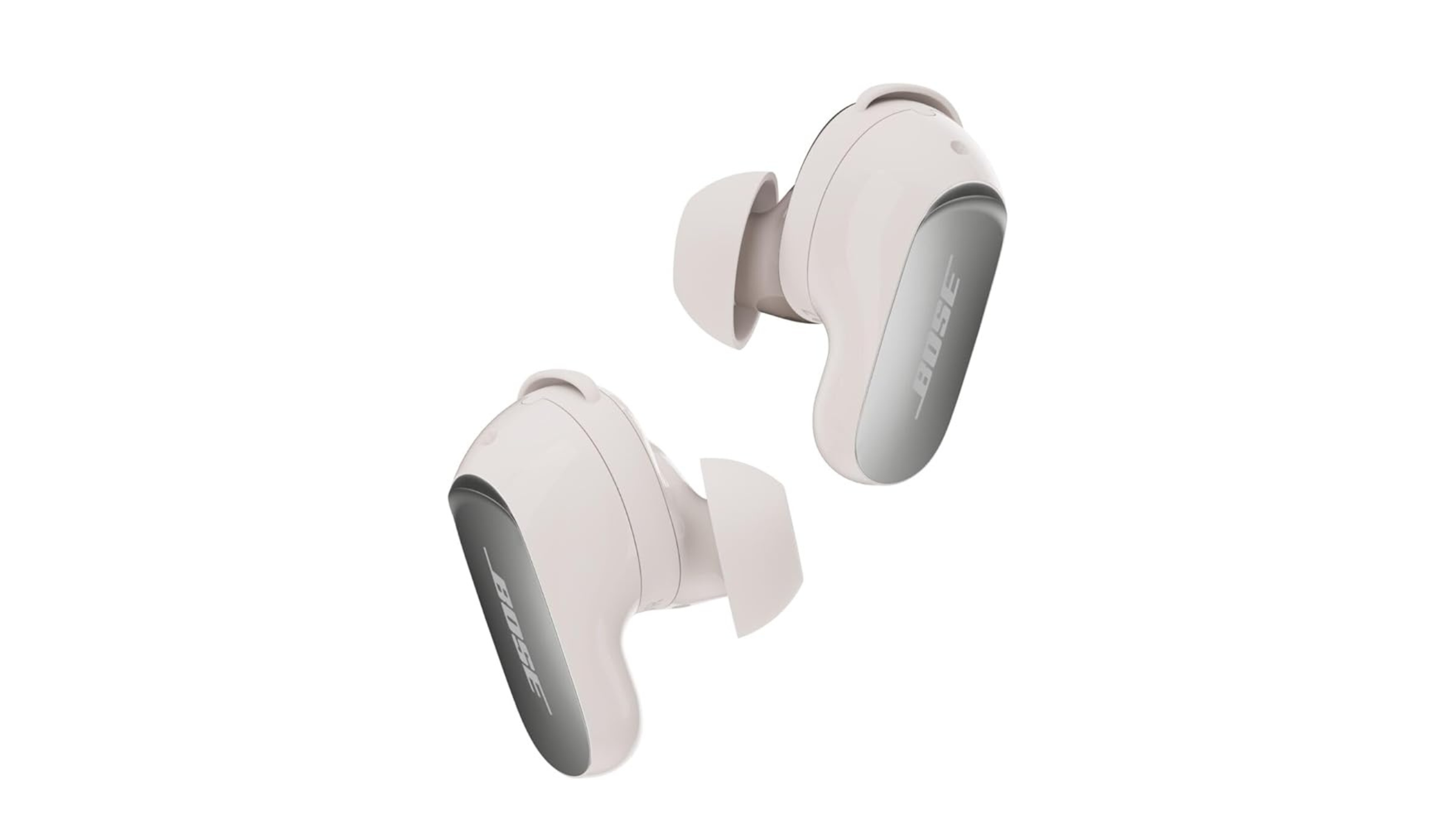White Bose earbuds on a white background, on sale for Amazon Prime Day