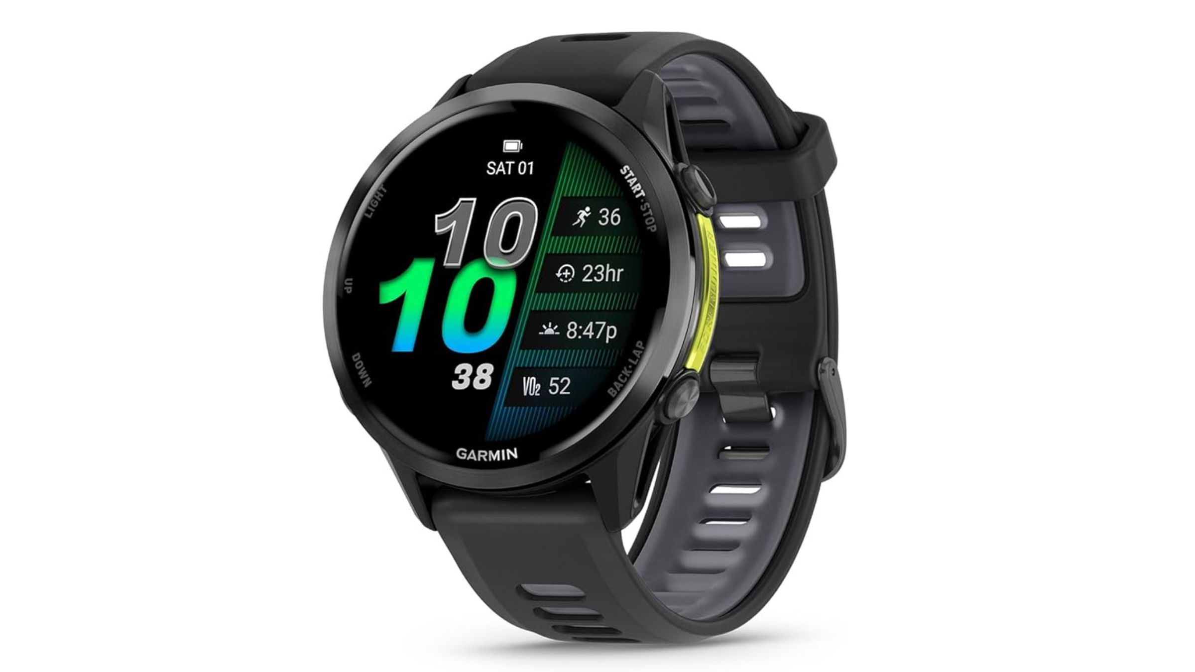 A black and white Garmin GPS smartwatch on a white background, on sale for Amazon Prime Day 2026