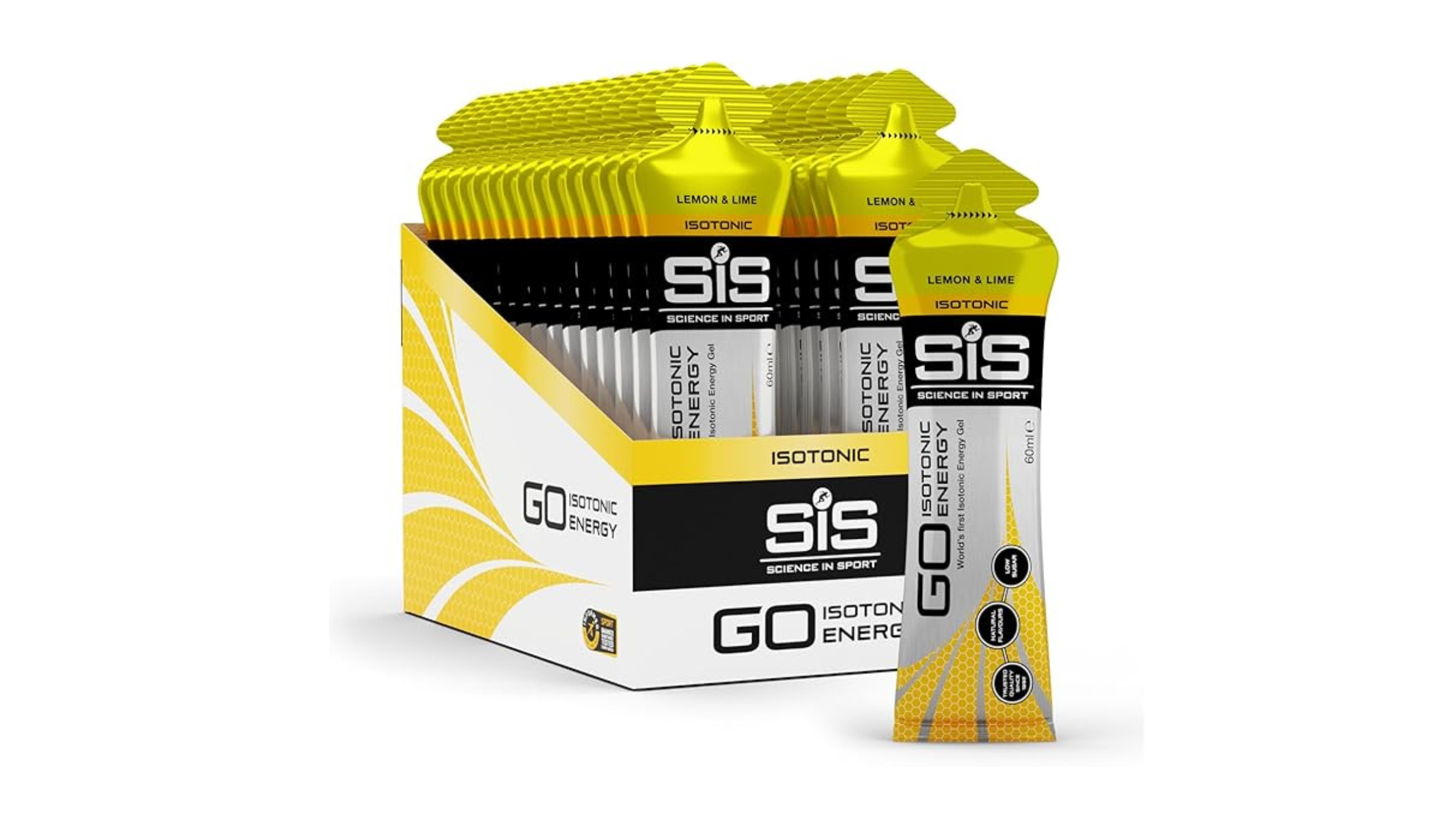 A box of yellow and black SIS energy gels on a white background, on sale for Amazon Prime Day 2026