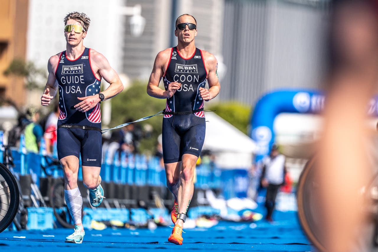 In the PTVI category, athletes with visual impairments race tethered to a guide.