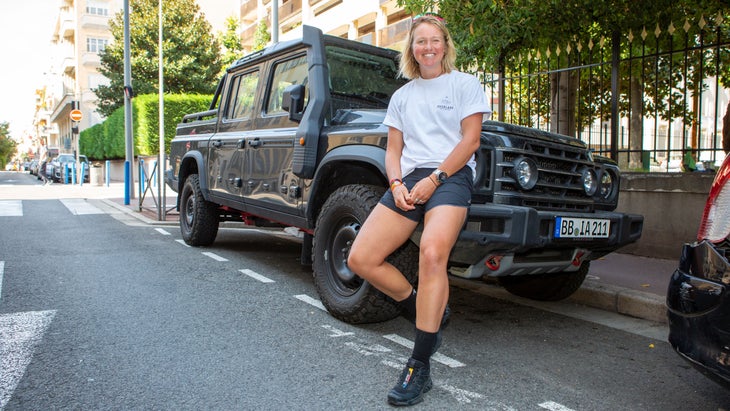 Bartholomew with her INEOS Grenadier Quartermaster 4x4 truck, the ultrarunning team vehicle she drove to this weekend's Ironman World Championships in Nice, France.