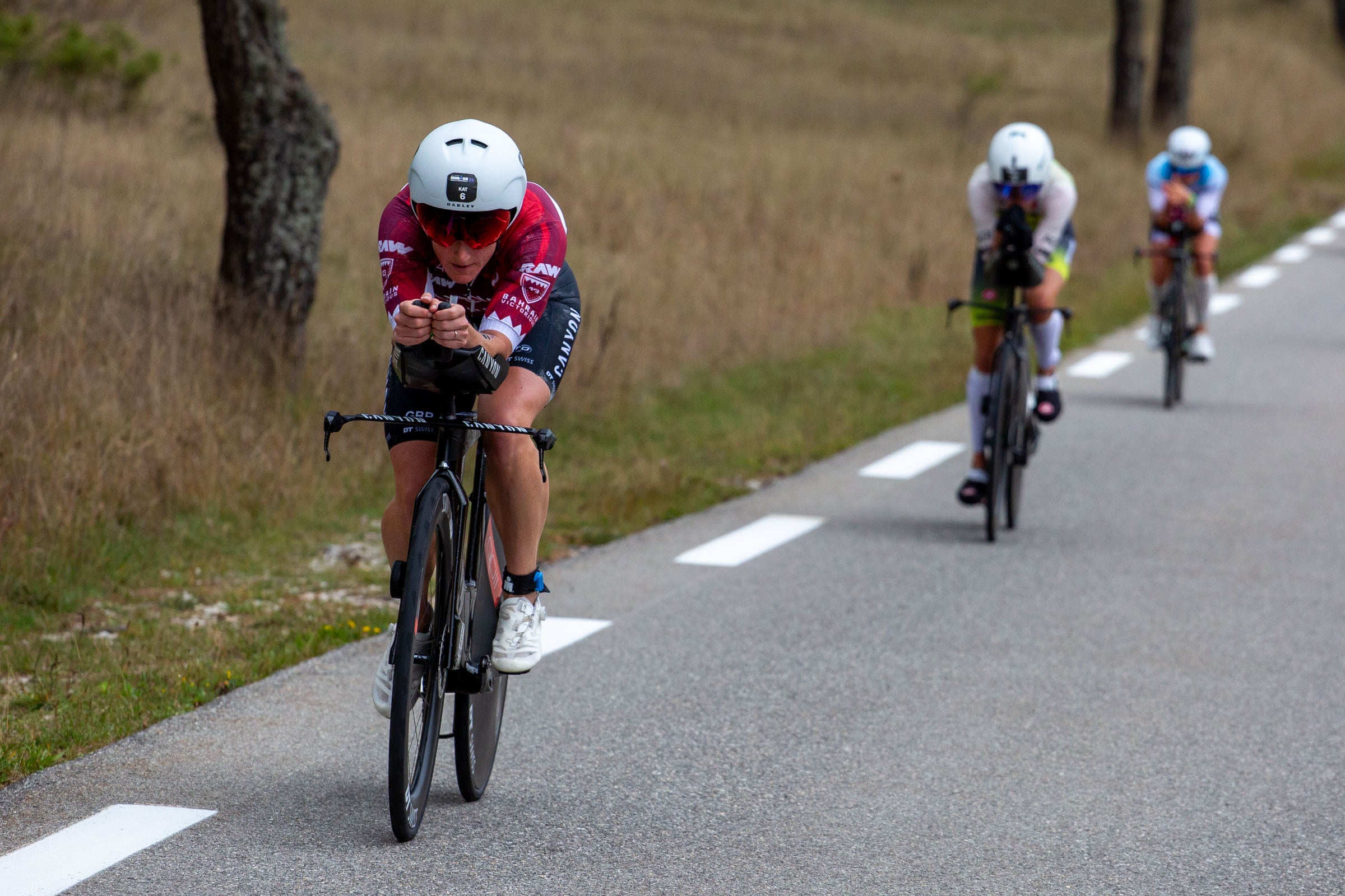 2024 Ironman World Championship Results: (L-R): Kat Matthews, Laura Philipp, and Marjolaine Pierre carried out a tough and tactical bike strategy during the women's pro race.