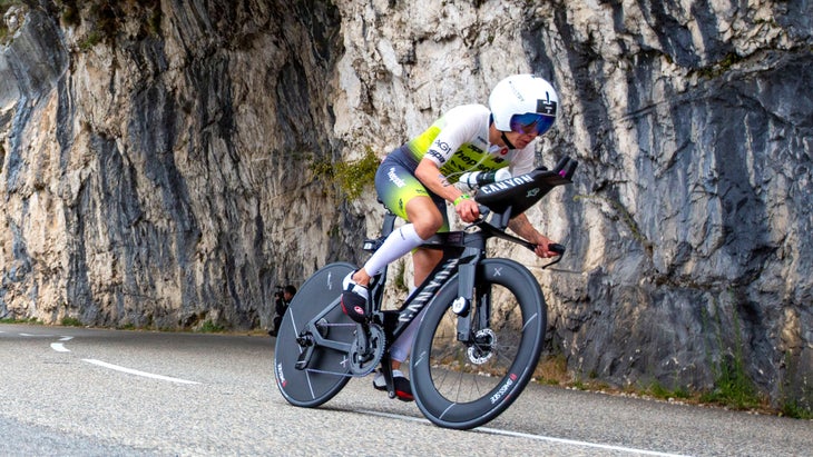 professional female triathlete riding bike