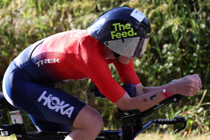 Taylor Knibb takes the lead early in the bike leg of the 2024 Ironman 70.3 World Championship.