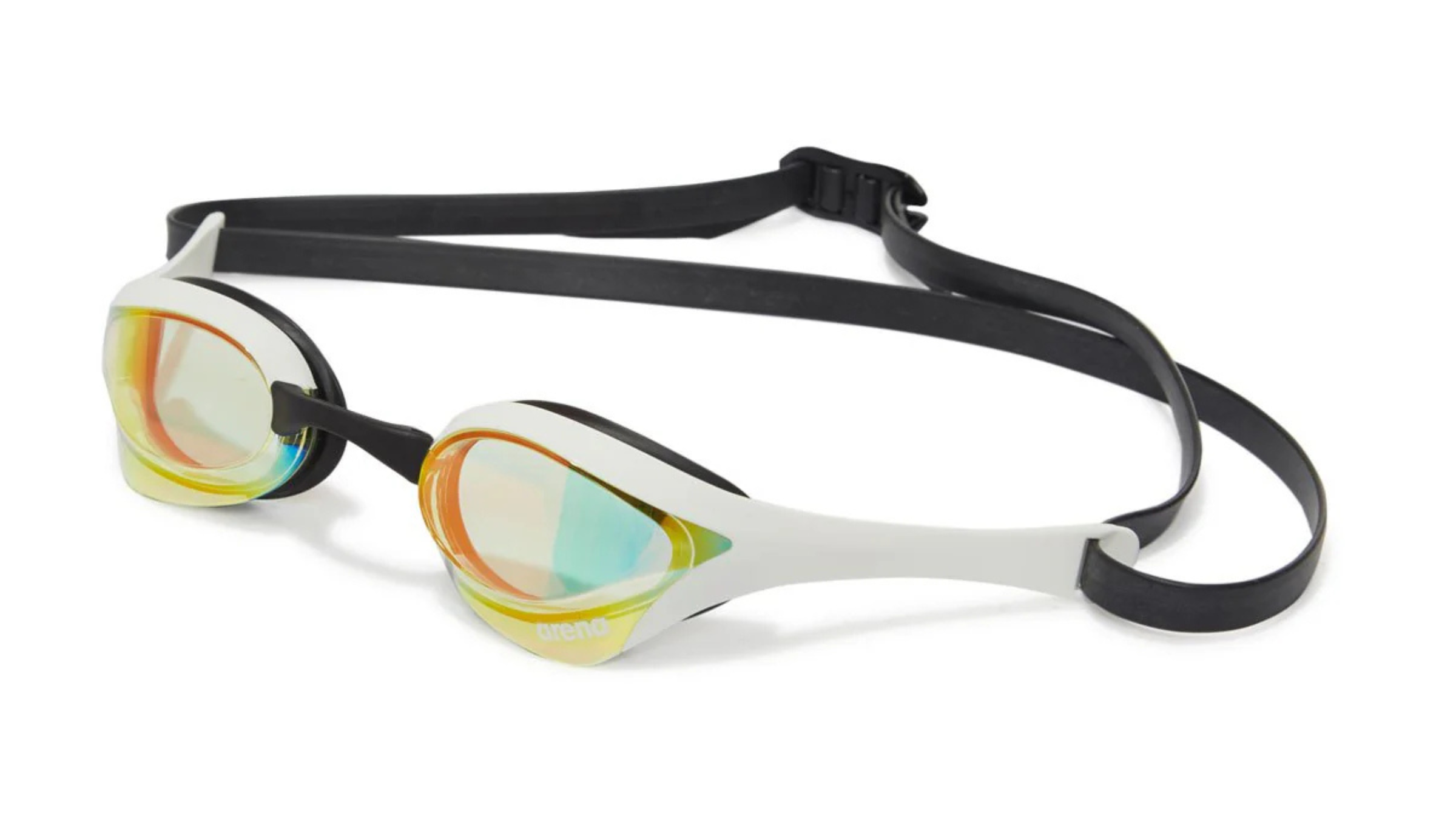A pair of Arena mirrored swim goggles on a white background