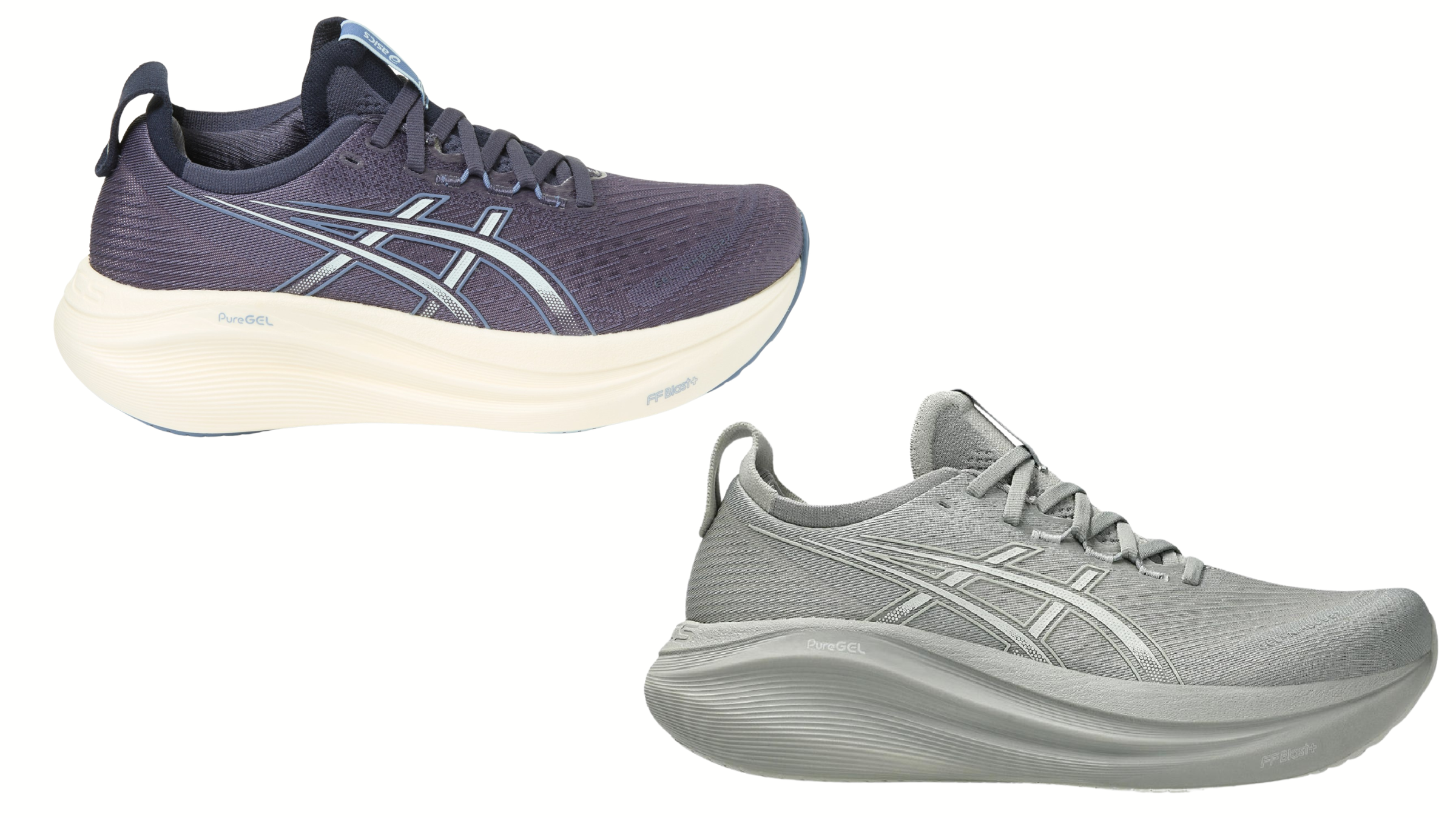 Asics Nimbus 27 pair on white background with navy blue and gray colors, Memorial Day Deals