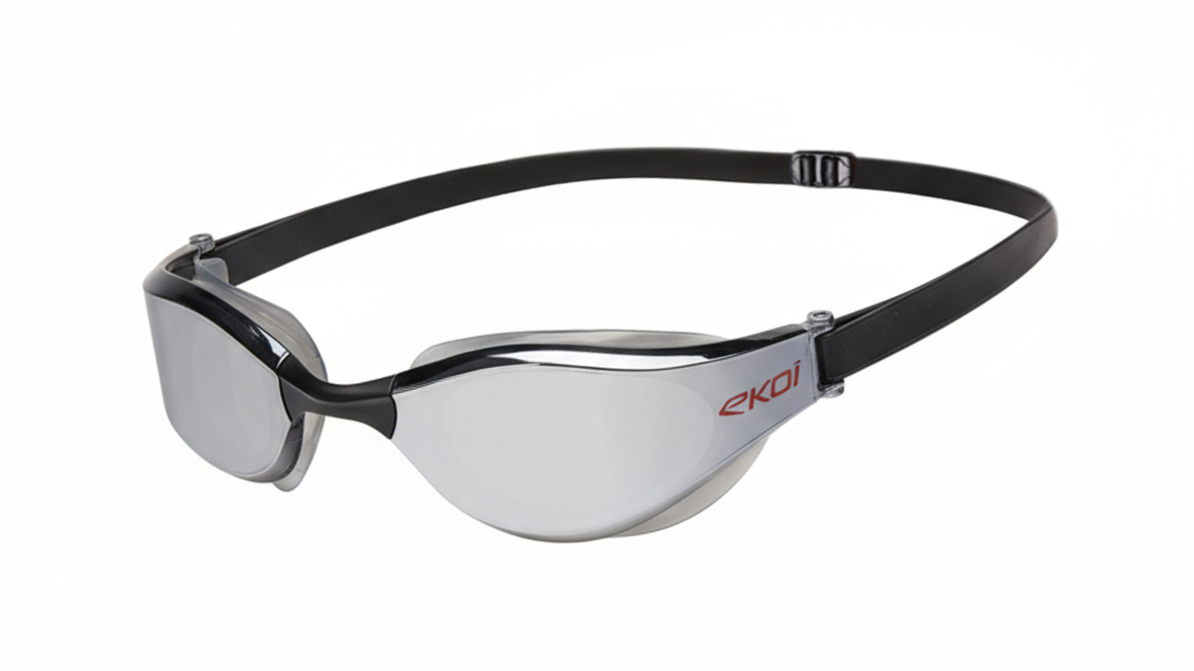 A pair of silver swimming goggles on a white background