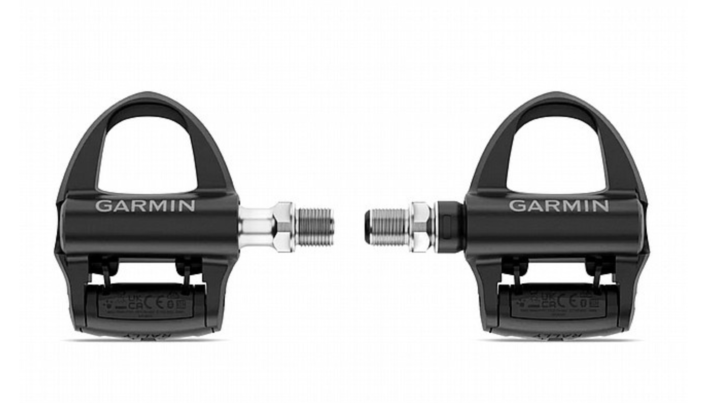 Two Garmin Rally pedal power meters on a white background