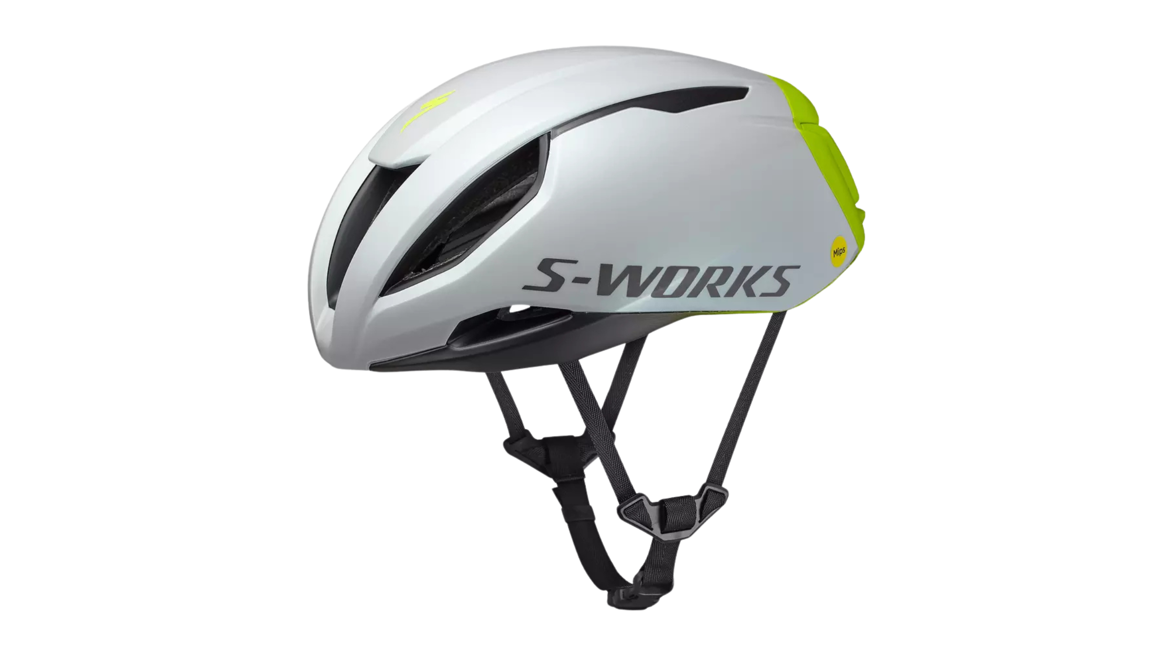 Specialized S-Works Evade 3 helmet in white and neon green on a white background, Memorial Day Deals