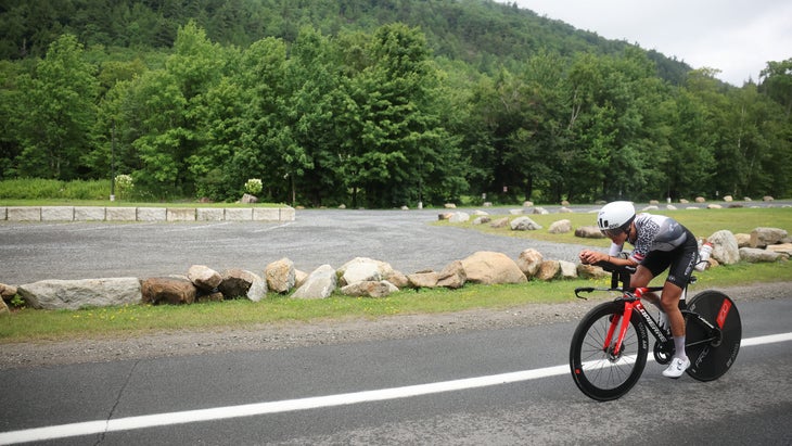Lisa Perterer was leading 2025 Ironman Lake Placid until she was handed a 3-minute drafting penalty while dealing with traffic at the back of the pro men's race.