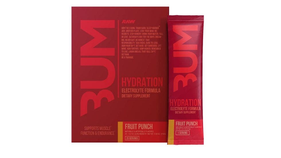 Raw Nutrition Bum Hydration Fruit Punch offers a low-carb,, no-sugar electrolyte option for athletes.