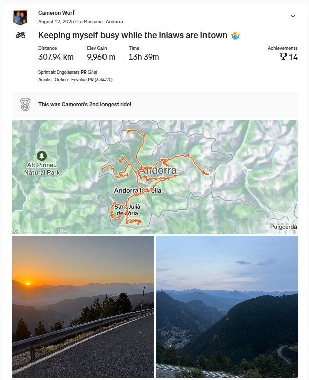 An image of a recent Strava workout Cam Wurf completed with the caption: "Keeping myself busy while the inlaws [sic] are intown [sic]."