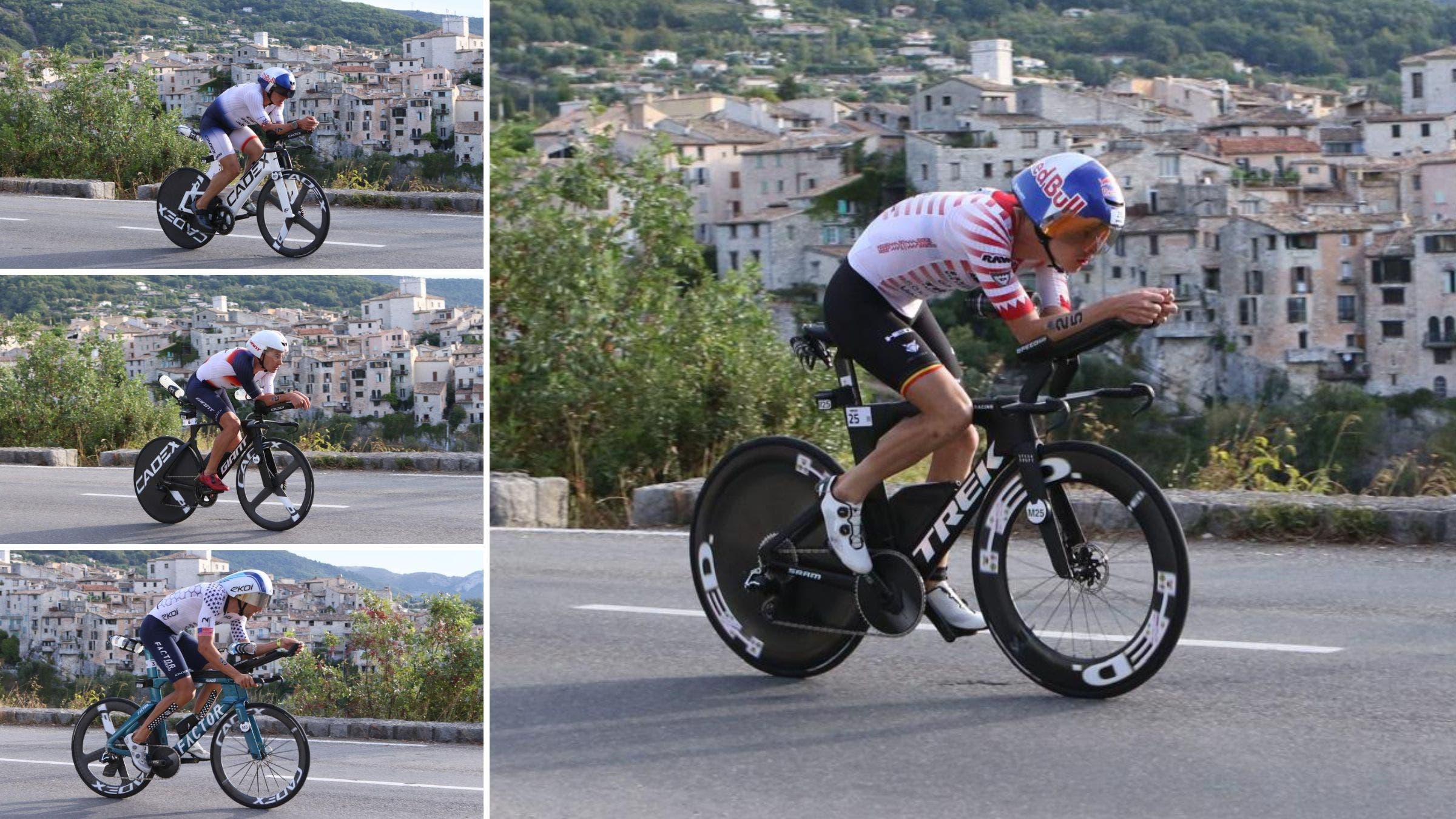 Belgium's Marten Van Riel (right) leads in the intial miles of the men's Ironman world championship, but quickly losing time to (top to bottom) Norway's Kristian Blummenfelt and Gustav Iden, plus American Rudy von Berg.
