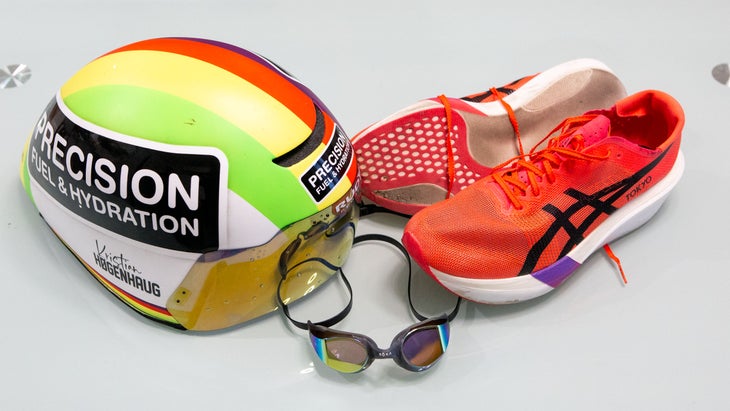 Kristian Hogenhaug will be wearing a Rudy Project Wingdream helmet, Asics Metaspeed Edge Tokyo running shoes, and Roka R1 goggles.