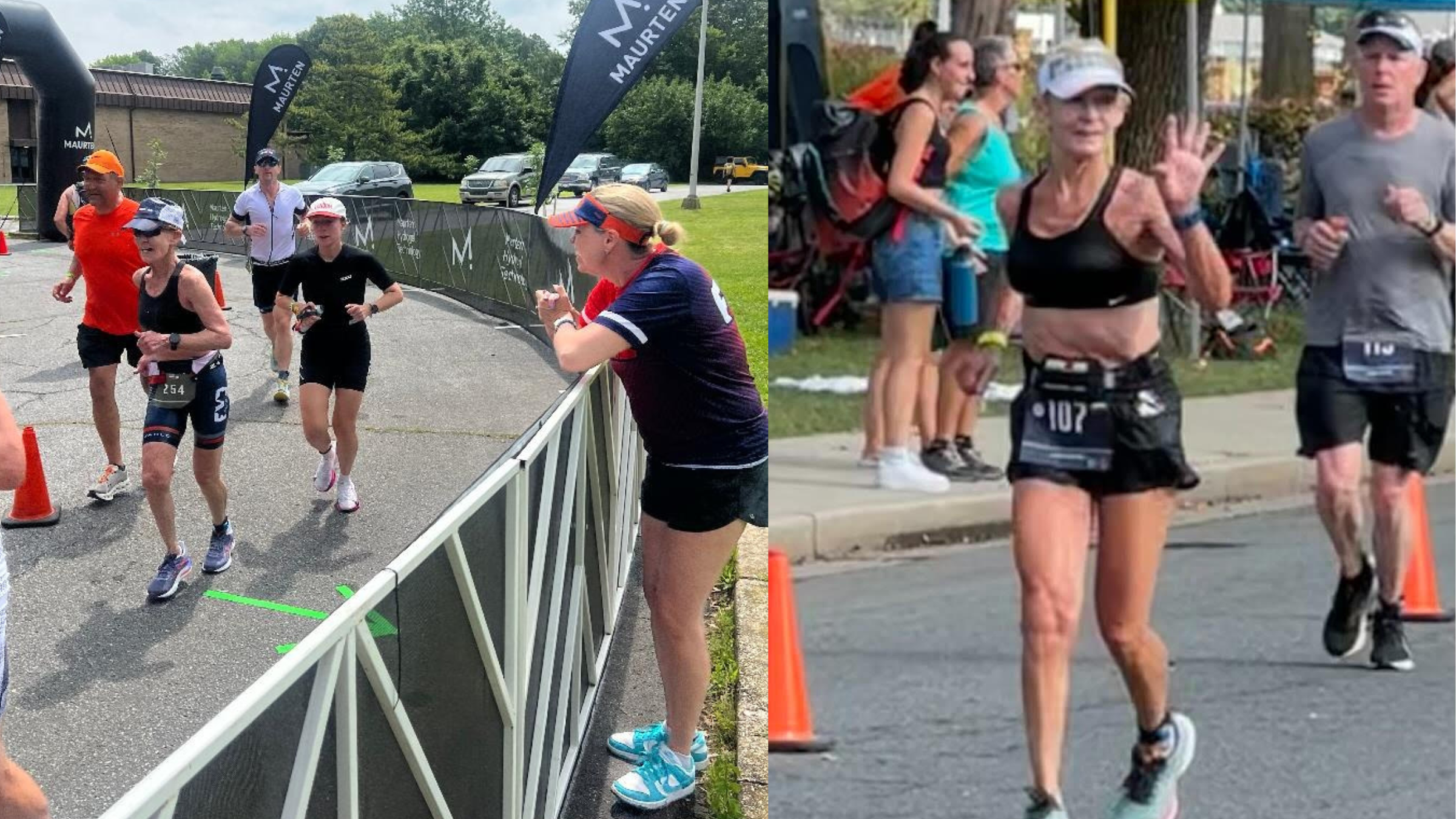composite image of senior woman running in triathlon with coach cheering her on