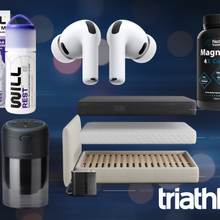 five biohacking product images as gifts for triathletes on dark blue background with faded lights