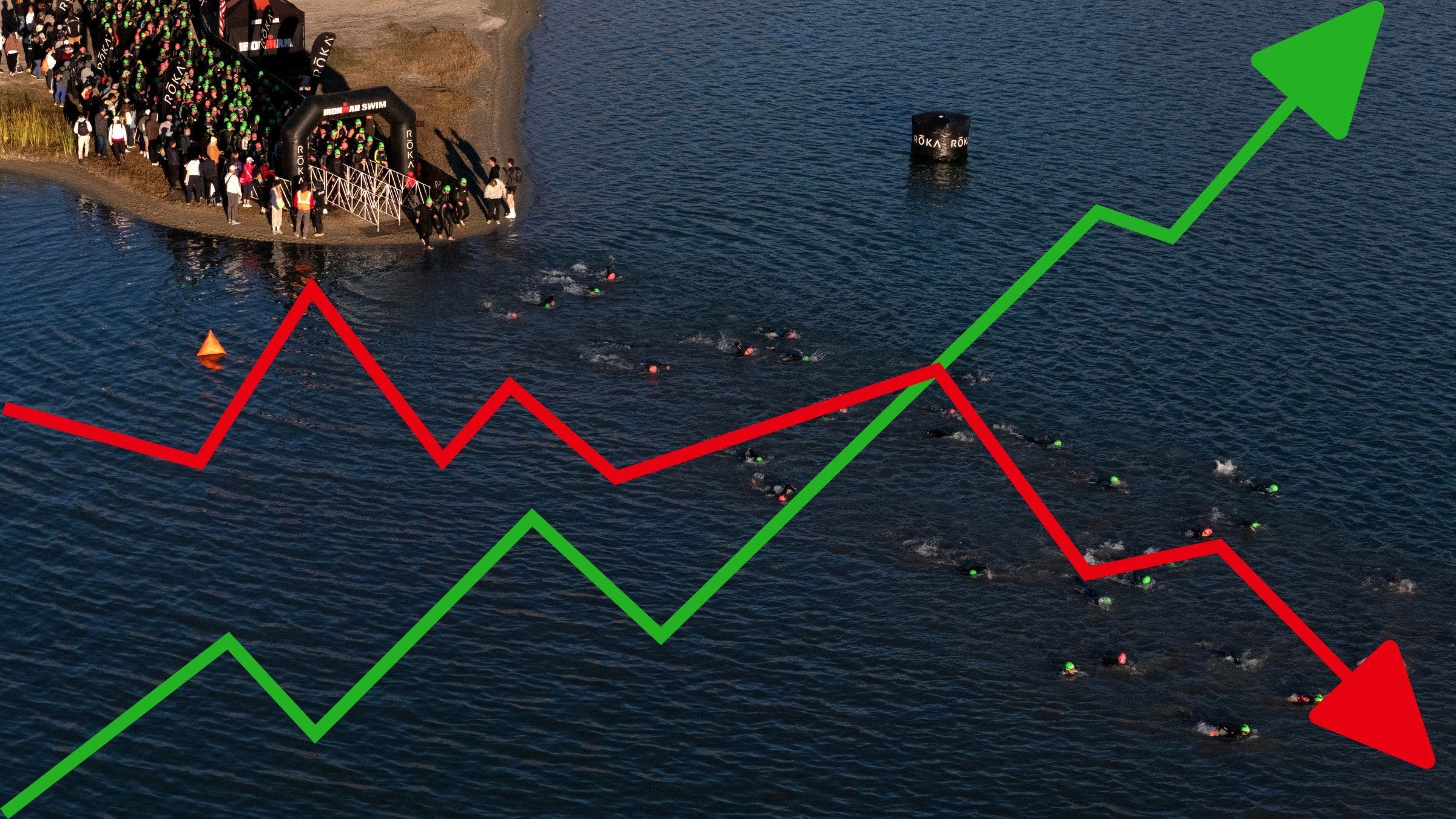 Aerial photo of Iron Man 70.3 swimming with a red and green arrow graphic.