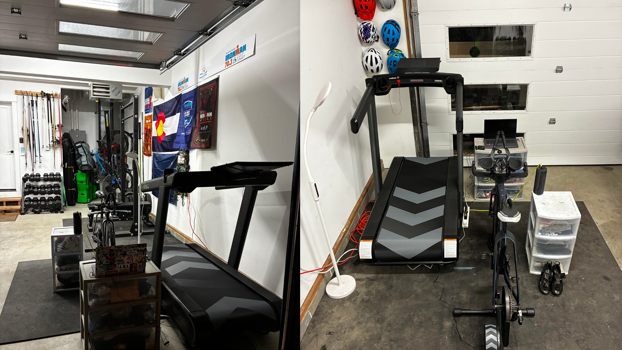 composite image from two angles of indoor training setup in garage with treadmill, bike trainer and other gear