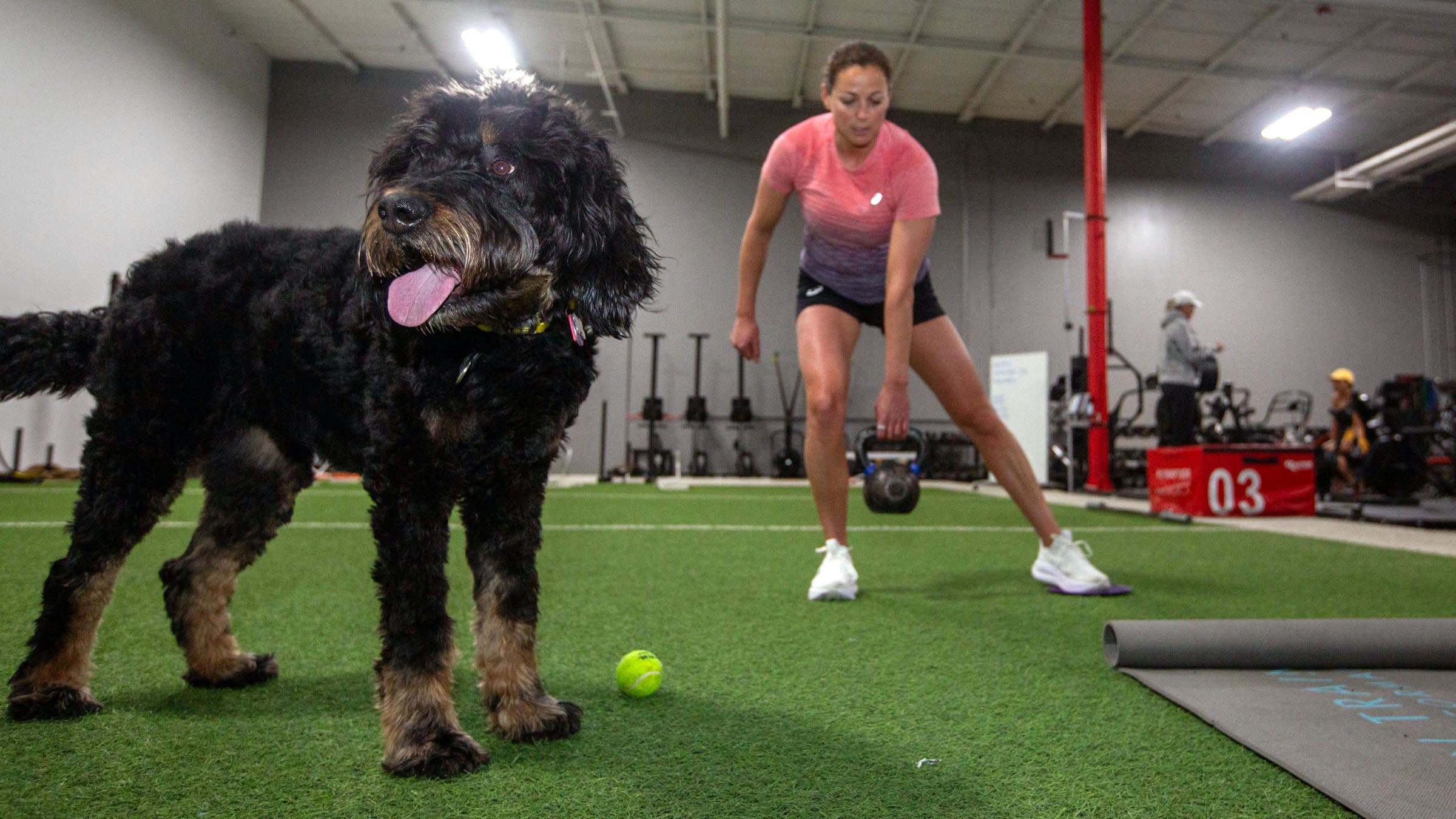 Amelie Kretz says her dog Brioche leaves the room when she uses the treadmill or trainer, but is always there for other exercises.