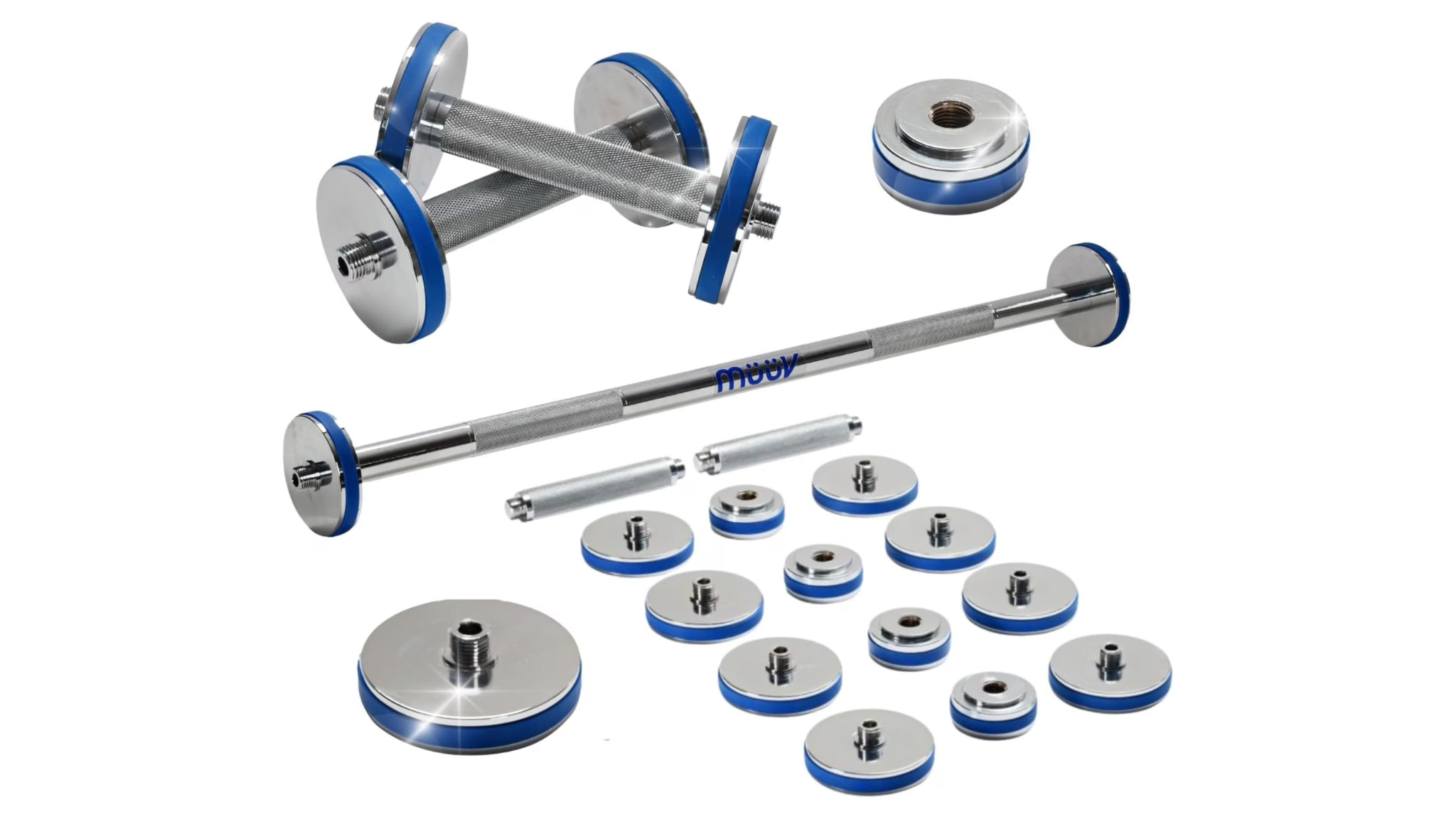 Muuv Barbell and Dumbbell Set at home gym equipment for triathlon strength training.