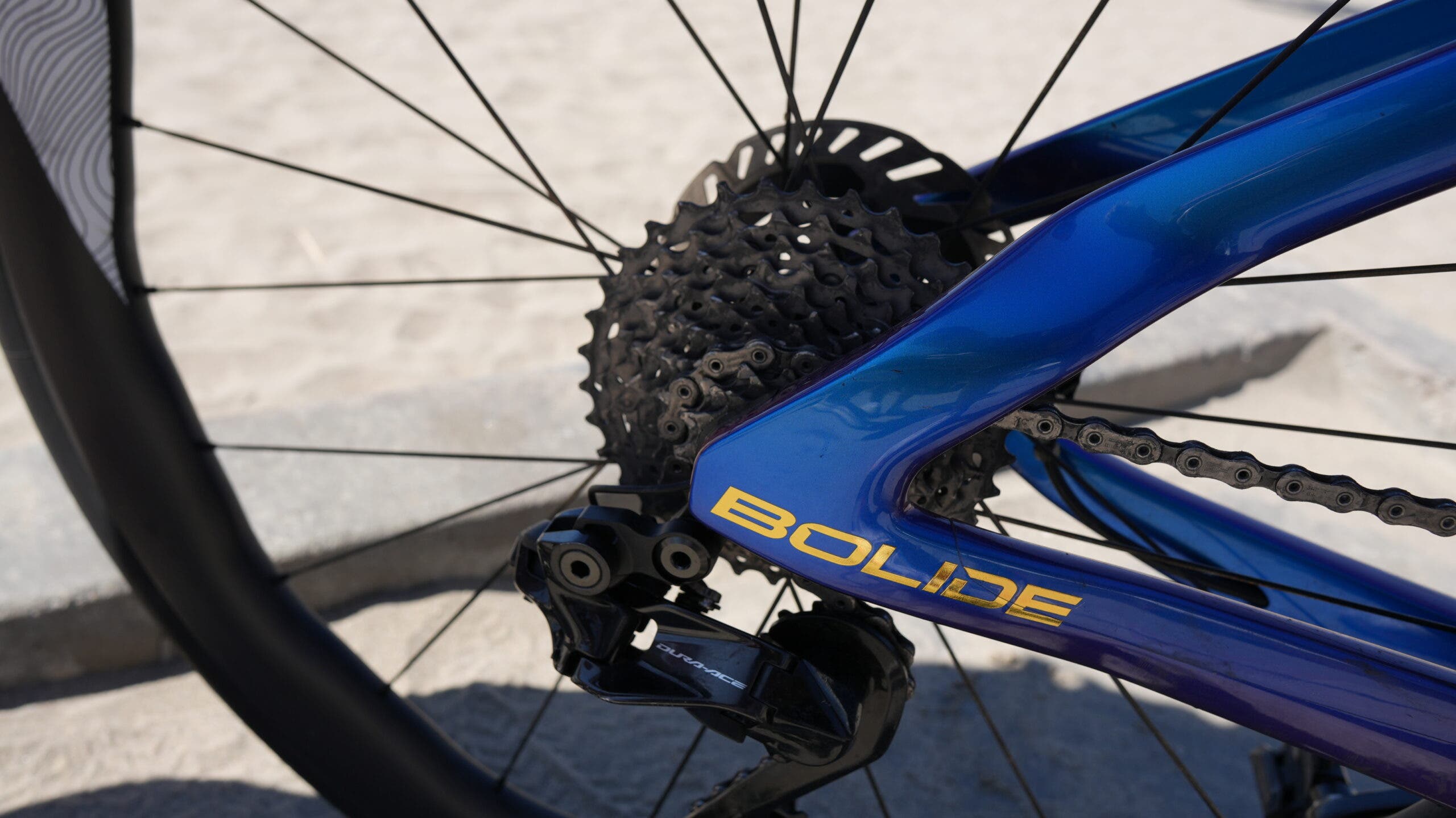 Here we take a closer look at Stornes' relatively simple Shimano 11-30t cassette mounted on a Shimano Dura-Ace rear derailleur. Pictured here, we see Stornes' Princeton CarbonWorks Dual 5550 Evolution training wheelset, but on race day he tells us he'll be riding a Princeton CarbonWorks Blur 633 V4 Disc paired with a Mach 7580 TSV2 three-spoke wheel.