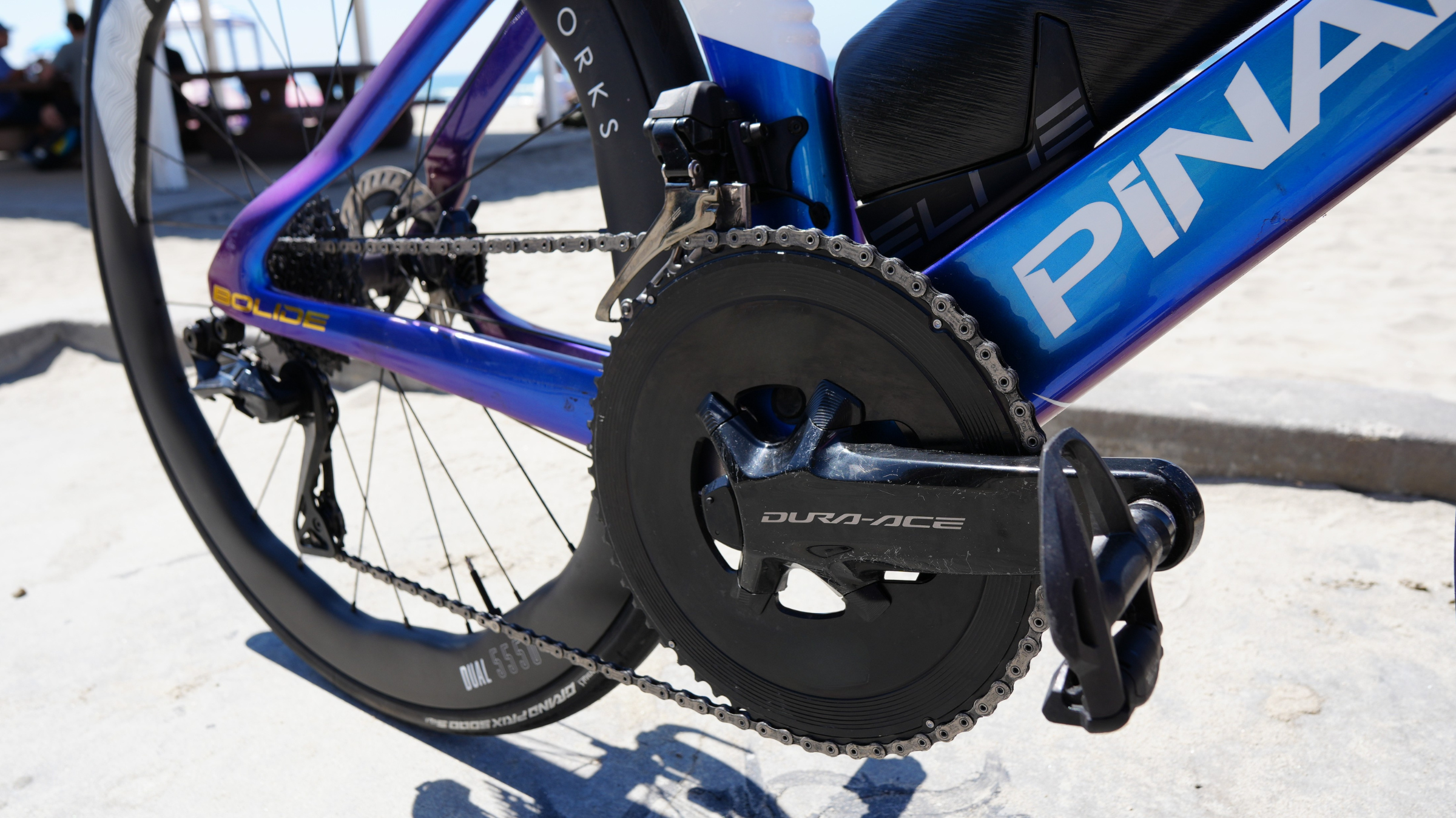 Although many of his competitors opt to use a 1x drivetrain, Stornes will race at Oceanside with a 12-speed Shimano Dura Ace groupset, including a front derailleur on a beefy 58/44T chainring with a 165mm crankset. To measure energy, it will also rely on Dura-Ace technology. 