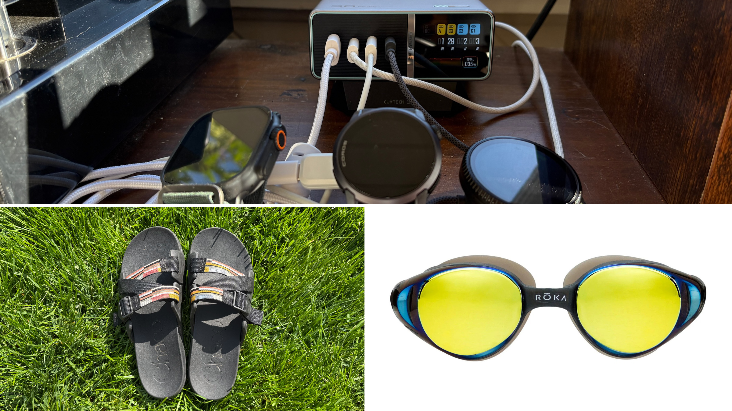 An image shows a charging station, sandals, and goggles to illustrate what Triathlete editors loved this month.