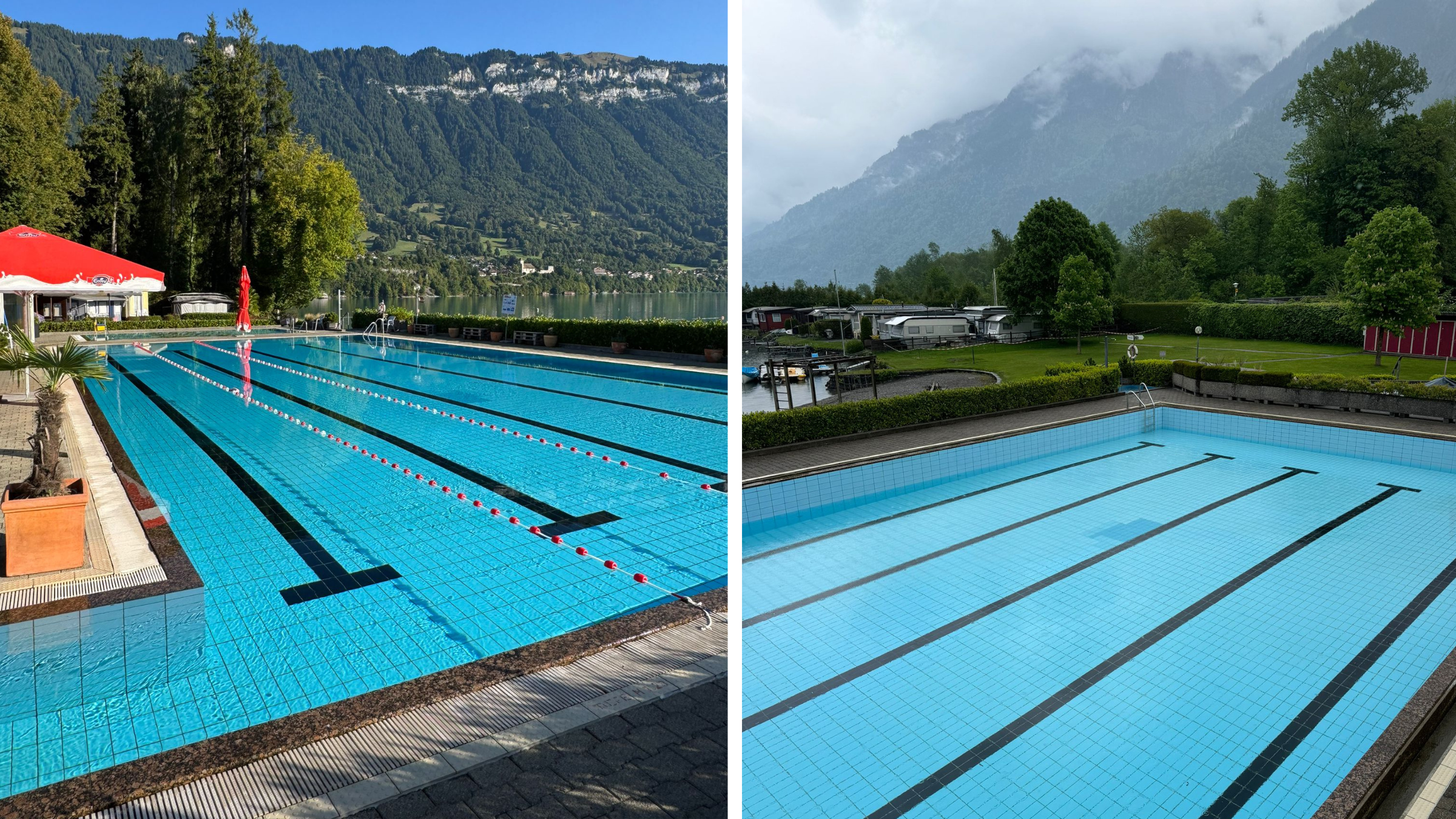 A composite of two photos of the same outdoor swimming pool in Switzerland with mountains and trees in the background