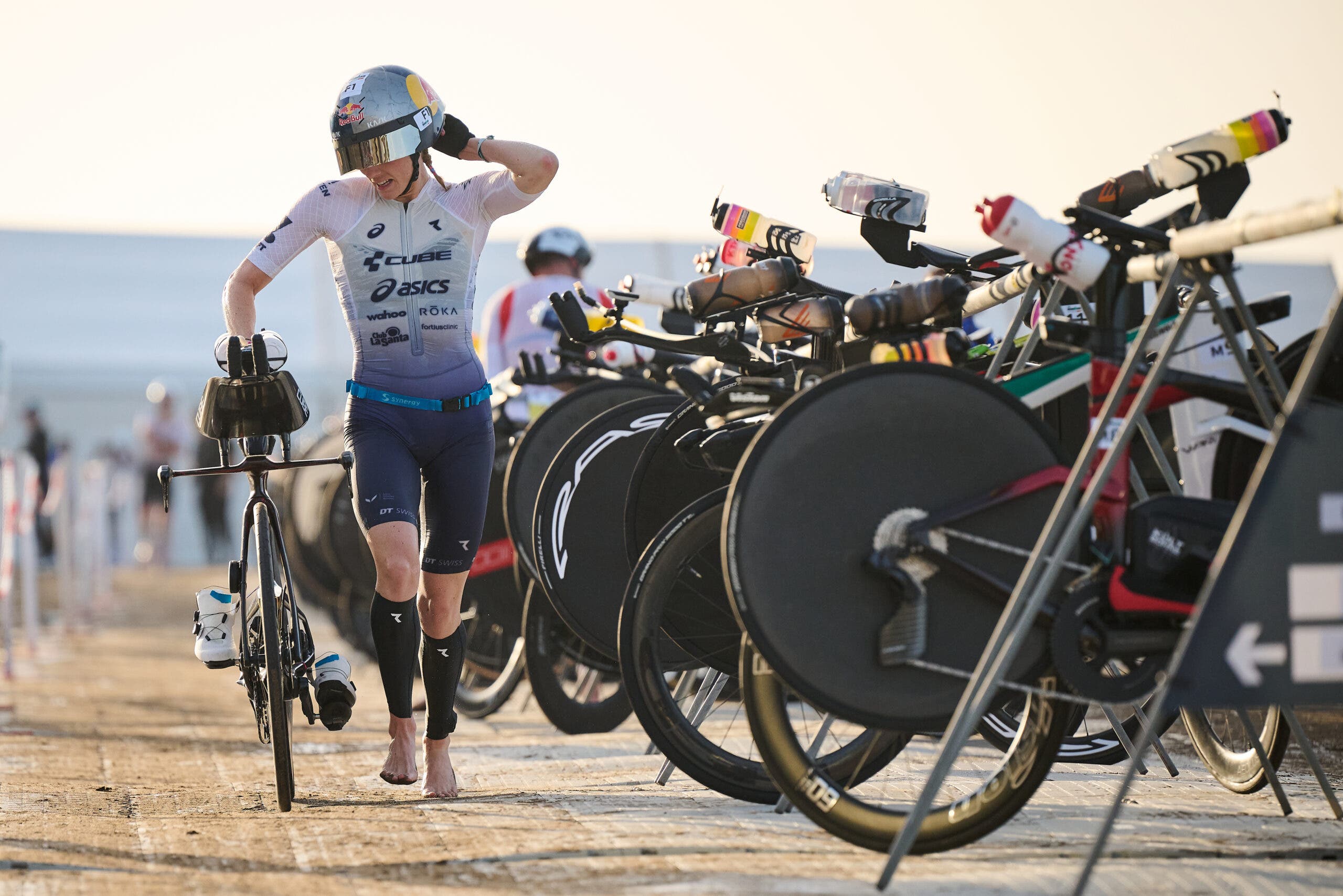 Lucy Charles-Barclay heading out of transition in the foot-blistering heat of Ironman Lanzarote on May 23, 2026.