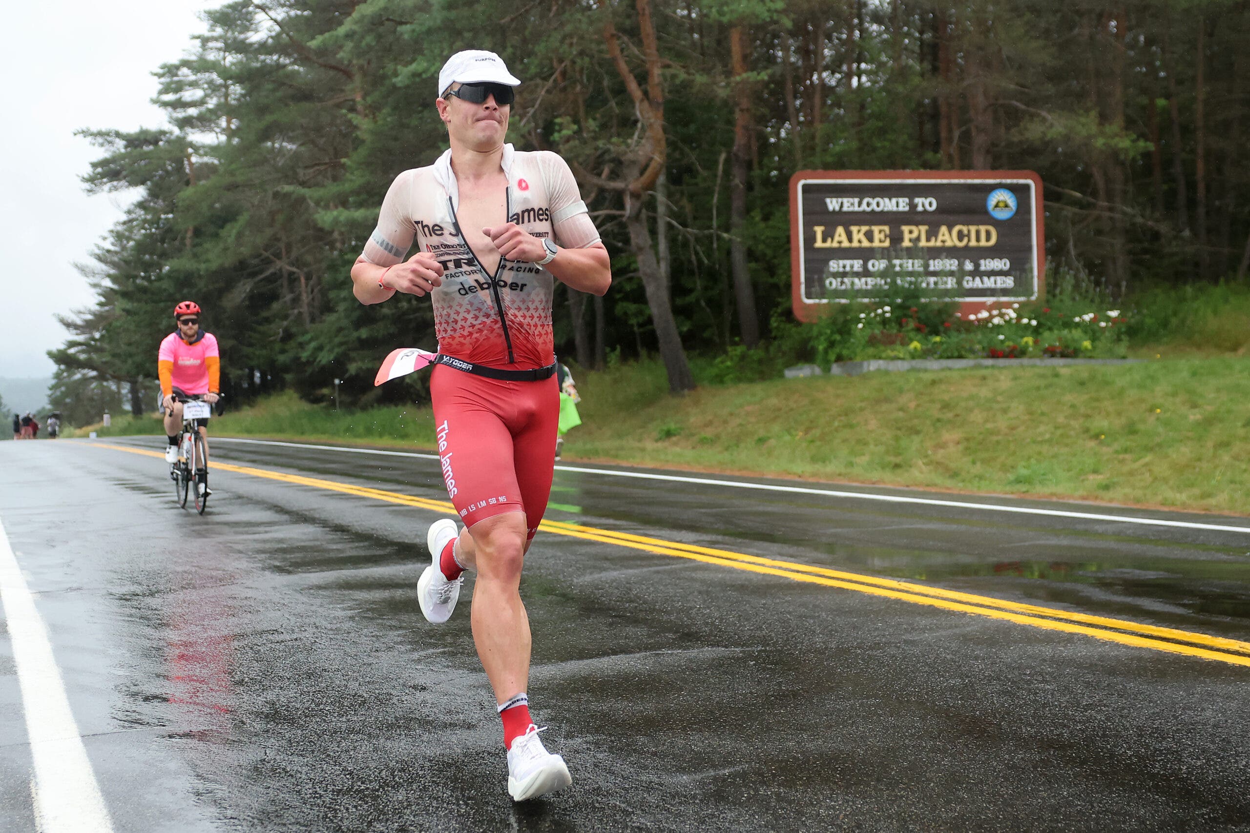 Matthew Marquardt of United States competes in the running leg as part of the 2025 Athletic Brewing Ironman Lake Placid on July 20, 2025 in Lake Placid, New York.