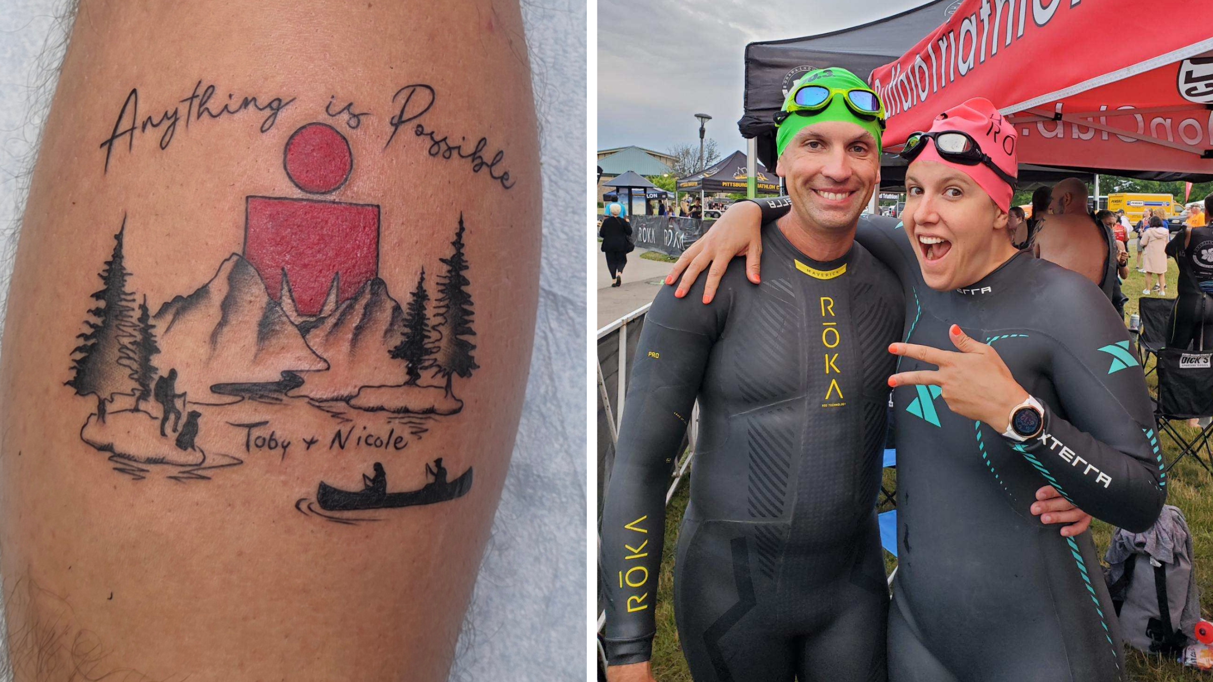 Composite image of a man's tattoo on his leg, and a man and his wife standing in wetsuits