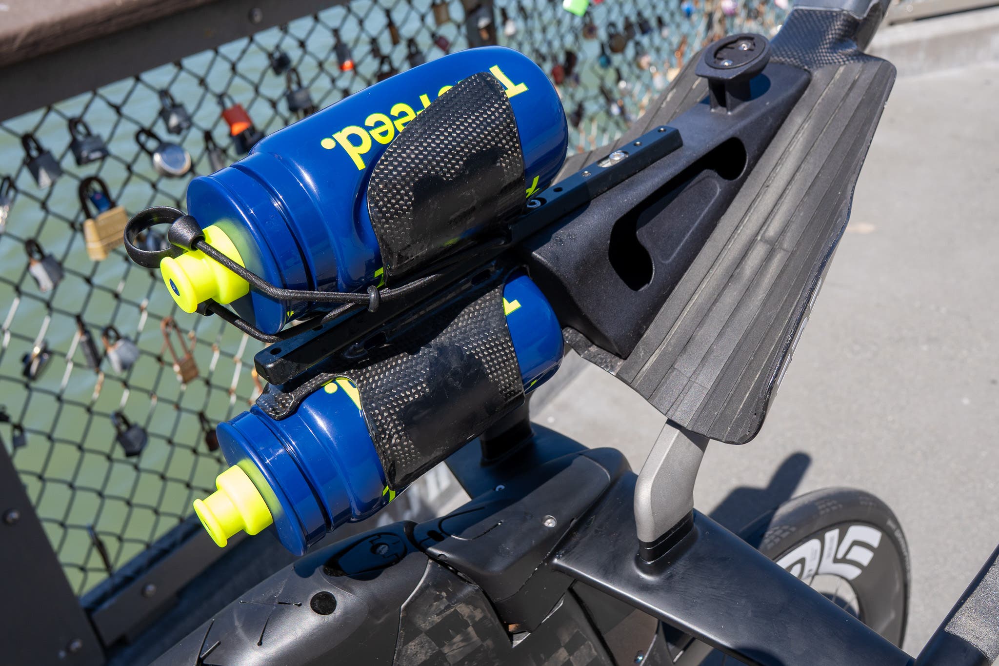 Like many pros, Riley will use a retaining ring to ensure his bottles don't come out mid-race.