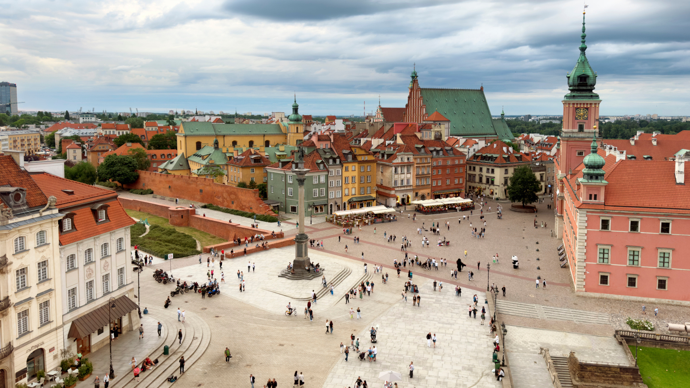 Aerial view of Warsaw's Old Town district with colorful buildings and Castle Square